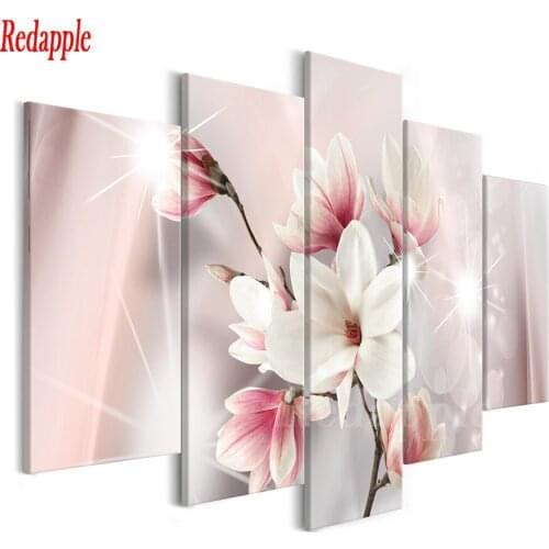 5pcs DIY Diamond Painting Cross Stitch Magnolia Flowers Diamond Embroidery Crystal beads full square Round Diamond Mosaic decor