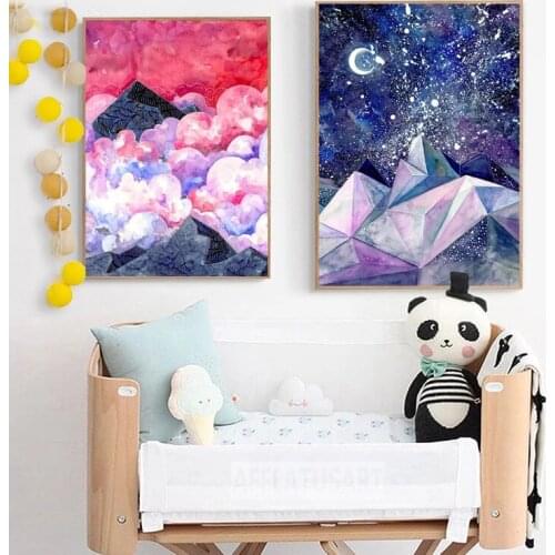 Abstract Wall Art Cartoon Moon Mountain Landscape Watercolor Paintings Canvas Posters Prints for Living Room Bedroom Decoration