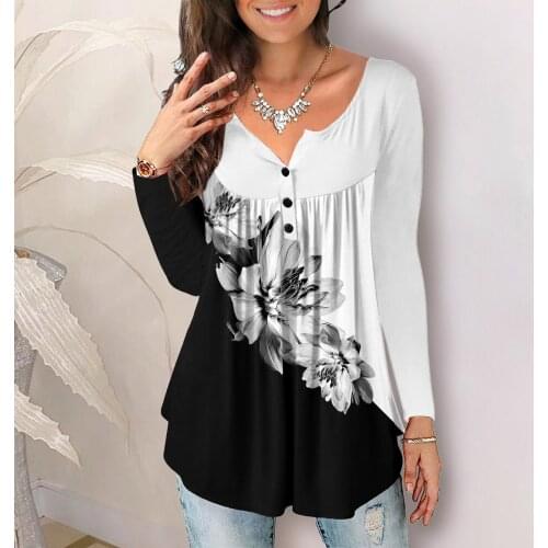 Floral Print Pleated Blouse Women Vintage Round Neck Button Up Blouses Femme Long-sleeved Shirts Elegant Womens Clothing 40