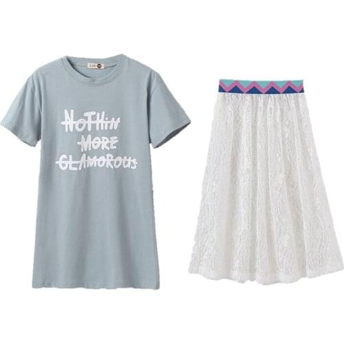 Children Girls Clothing Sets Summer Girl Casual Outfits 2021 New Korean Long Short Sleeve T-shirt with Lace Skirt 2Piece clothes