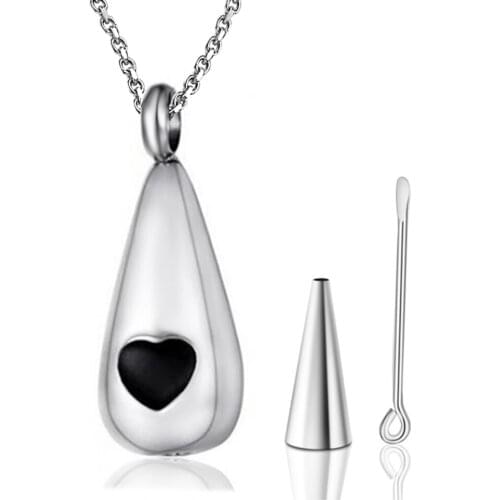 Men Womens Urn Necklace Pet Loss Teardrop With Black Heart Pendant Keepsake Ashes Cremation Memorial Stainless Steel Jewelry