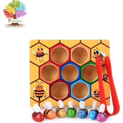 Treeyear Toddler Fine Motor Skill Toy Clamp Bee to Hive Matching Game Montessori Wooden Color Sorting Puzzle