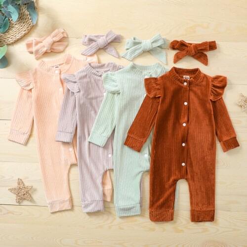 Golden Velvet Baby Jumpsuit Newborn Infant Girls Solid Color Long Sleeve Button-down Romper and Headdress Autumn Winter Clothing