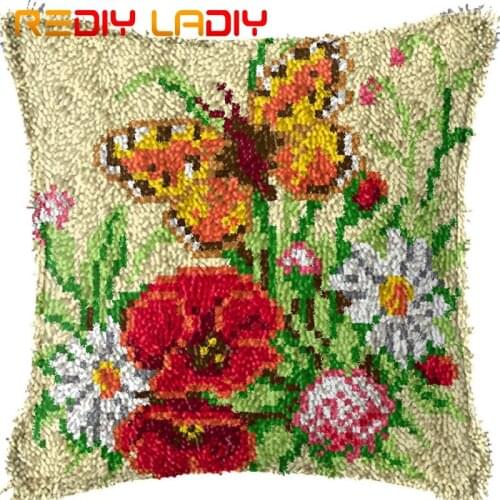 Latch Hook Cushion Butterfly Pre-Printed Canvas Cushion Front Acrylic Yarn Crochet Pillow Case Kits Sofa Bed Pillows Home Decor