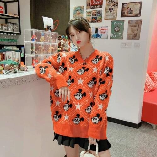Disney Mickey Mouse Winter Knitted Round Neck Tops Casual Pullover Sweaters Women Long Sleeve Loose Sweater Girls American