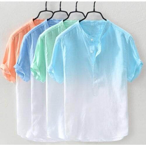 2021 Mens Shirts Mens Cotton and Linen Shirt Mens Short-sleeved Cool and Breathable Youth Stand-up Collar Dyed Gradient Shirt