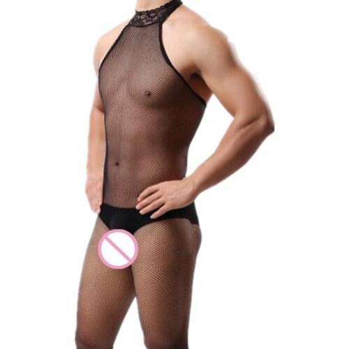 Male Lace Pajamas Sexy Underwear Gay Sissy Body Stockings Open Crotch Jumpsuit Men Erotic Lingerie Fetish Bodysuit Sexy Costume