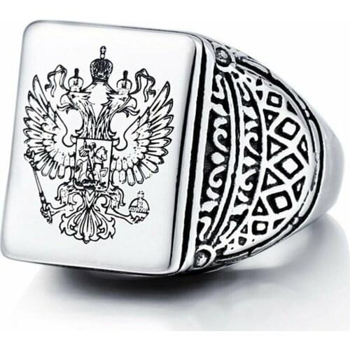 Mens Stainless Steel Russian Double Headed Eagle Signet St George Ring