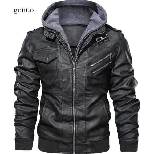 Men Imitation Leather Coat Autumn Winter Hoodie Hat Detachable Slim Fit Leather Motorcycle Loose Jackets Male Hooded Coats