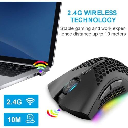 Wireless Computer Mouse Hollowed 6 Buttons Ergonomic 2.4GHz Mice Rechargeable Optical Cordless RGB LED Light