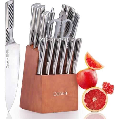 Cookit 15PCS Kitchen Knife Sets with Block German Stainless Steel for Kitchen Chef Knife Serrated Steak with Sharpener Drop Ship