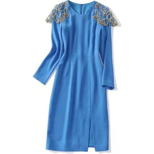 European and American womens wear new autumn 2022 Long sleeved heavy industry gold pin bead round collar Fashiona dress