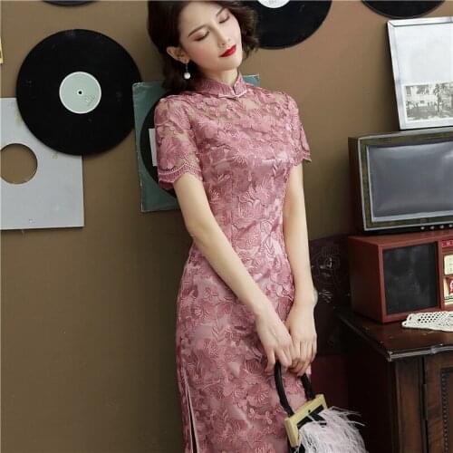 New Lace Chinese Traditional Style Cheongsam Elegant Women' S Handmade Button Dress Mandarin Collar Sexy Short Dress Size S-3XL