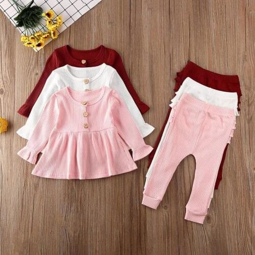 Pudcoco 2Pcs 0-24M Newborn Baby Girl Clothes Solid Color Long Sleeve Knit Cotton Tops+Flower Ruffle Long Pants Outfits Sets