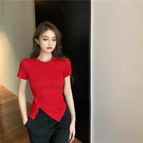 Summer The New Split fork short sleeves T-shirt Slim Sexy Oblique buckle Lady Tops 2021 woman tshirts