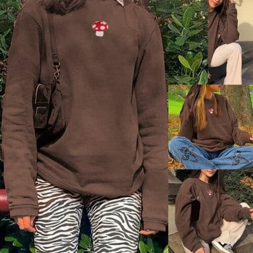 Womens Fashion Embroidered Loose Round Neck Long Sleeve Sweatshirt Brown