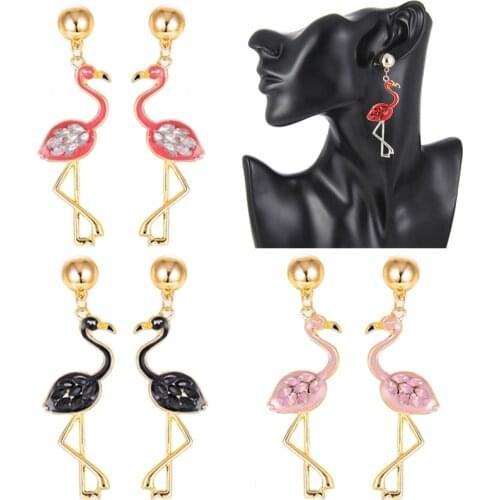Women Fashion Jewelry Cute Flamingo European Style Shining Rhinestone Dangle Earring Long Earrings Party Wedding Gifts