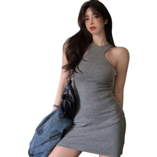 Womens Solid O-Neck Slim Casual Sleeveless Tank Dresses Sexy Solid Color Summer Vestidos New