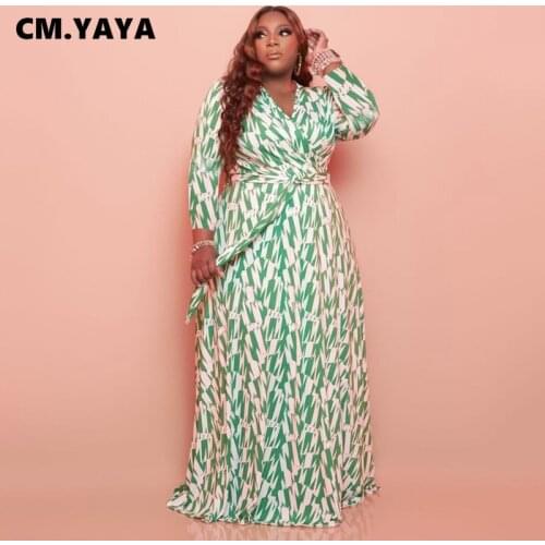 CM.YAYA Women Plus Size Dress Print Full Sleeve V-neck Bandage Sashes Loose A-line Long Maxi Dresses Fashion Vestidos Autumn