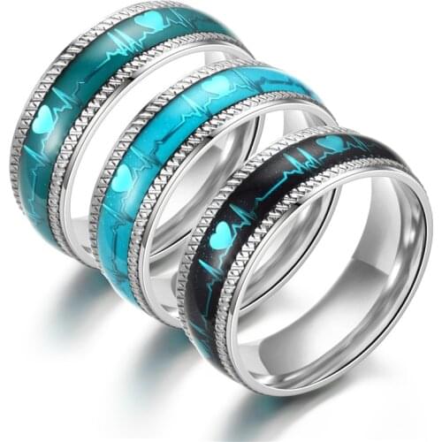 2020Embossing ECG Stainless Steel Jewelry Fashion Men Women Wedding Ring Valentines Day Anniversary Gift for Couple