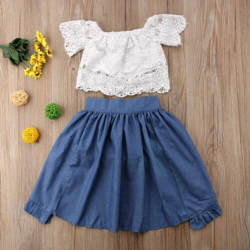 2021 Brand New 3PCS Princess Toddler Girl Sets Off Shoulder Lace Floral White T-Shirts Tops Blue Denim Shorts Skirt Sets 1-6T