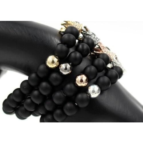 8mm rgh3 gold silver micro pave cz zircon cubic zirconia Bracelet adjusted nature stone bead Crown Frosted agate Onyx Bangles