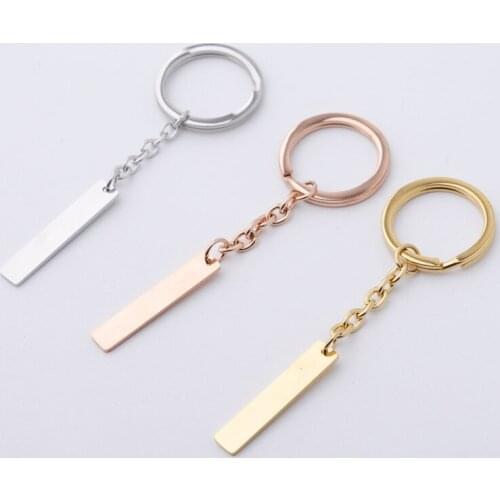 100% Stainless Steel Bar Charm Keychain Blank For Engrave Rose Gold/Gold Metal rectangle Tag Key Chain Mirror Polished 10pcs