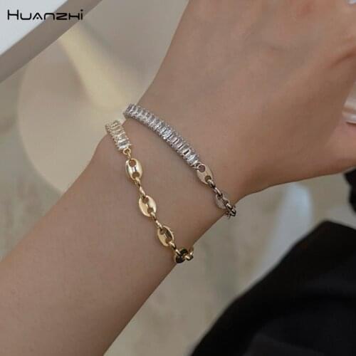 HUANZHI 2021 New Metal Gold Silver Color Hollow Buckle Stitching Zircon CZ Crystal Bracelet for Women Girls Party Jewelry Gifts