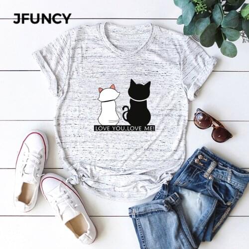 JFUNCY Summer Cotton Women T-shirts Kawaii Cartoon Cats Print T Shirt 5XL Oversize Casual Mujer Tshirt Ladies Tee Women Tops
