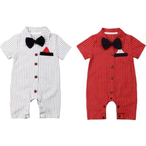 Pudcoco 0-18M Romper Summer Boys Outfits Baby Boy Formal Wedding Party Clothes Striped Bow-Tie Fashion Jumpsuit Leotard