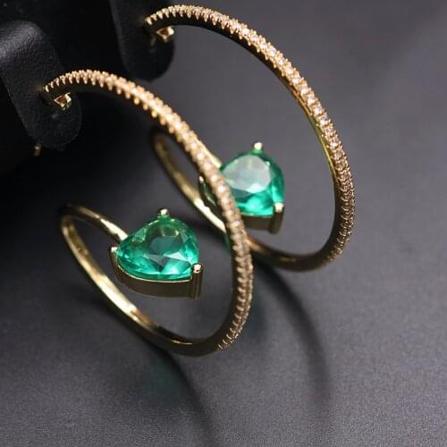 Gold Color Hoop Earrings Green Heart-Shaped Crystal Stone Round Earring For Women High Quality white cubic zirconia Jewelry Gift