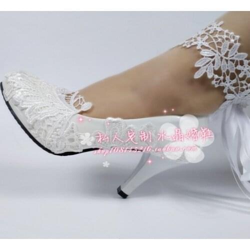 New Lace Flower Bridal Shoes White middle heel wristband Bridesmaid Wedding ceremony dress banquet adult gift shoes