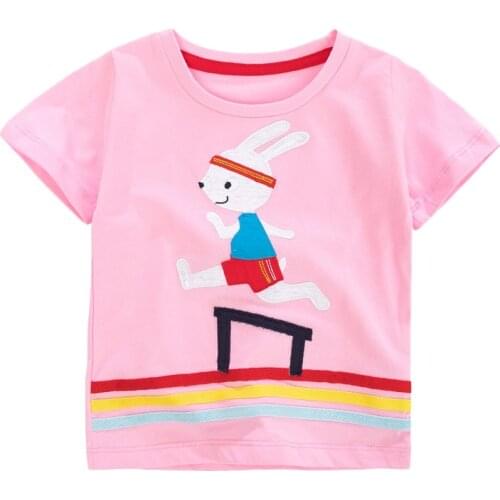 Little Maven New Summer Kids Pink Rabbit Bunny Hurdles Appliques O-neck Short-sleeved Cotton Knitted Girls Casual Tshirts Tops