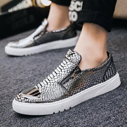 2021 Fashion Serpentine Men Shoes Summer Cool Zipper Loafers Men Casual Shoes Black Sliver Snake Pattern Breathable Size 39-44