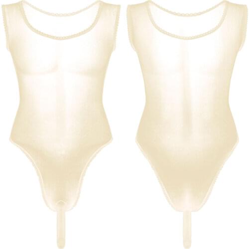 Mens Exotic Lingerie Teddies See Through Lace Mesh Chiffon High Cut Jockstraps Bulge Pouch Bodysuit Sissy Nightwear Costumes