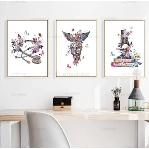 Physician Gift Medical Device Watercolor Art Painting Canvas Print Caduceus Stethoscope Microscope Poster Clinic Wall Art Decor