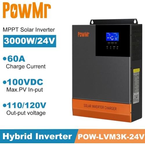 PowMr New 3000W 24V Pure Sine Wave Solar Inversor Built-in MPPT 60A Solar Charger 110V 120V AC Output Beautiful Design Inverter