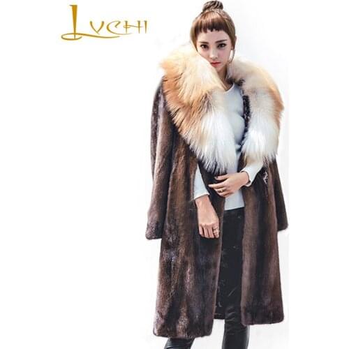 LVCHI Coffee mink color Fur coat natural fur with fox fur collar real mink coat female Shuba jacket long sleeve&shawl new design