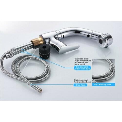 60cm Brushed Nickel Mixer Faucet Single Hole Pull Out Spout Kitchen Sink Tap Stream Sprayer Head Kitchen Tap Sprinkler+Hose