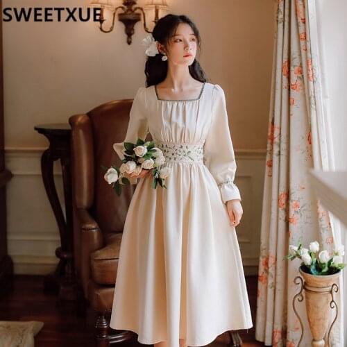 SWEETXUE Preppy Style 2021 Women Spring Fall Long Sleeve Square Collar Retro Embroidery Dresses Female Kawaii Cute Fairy