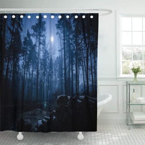 Blue Moon Dark Night Forest Spooky Black Foggy Autumn Shower Curtain Waterproof Polyester Fabric 72 x 72 Inches Set with Hooks