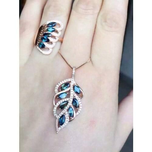 Natural blue sapphire stone jewelry sets natural gemstone ring Pendant S925 silver personality Elegant Fashion Luxury leaves