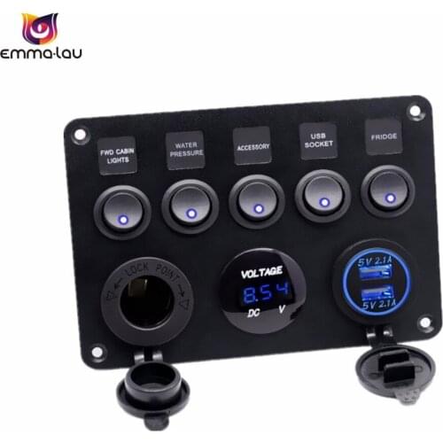 Dual USB Socket Charger 2.1A + LED Voltmeter + 12V Power Outlet + 5 Gang ON-OFF Toggle Switch Multi-Functions Panel for Car Boat