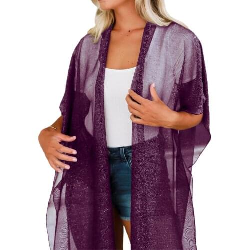 Women blouse Middle Sleeve Ultra-thin Cardigan Girl Loose Solid Color Outer Wear Casual See-through Hollow Clothing tops