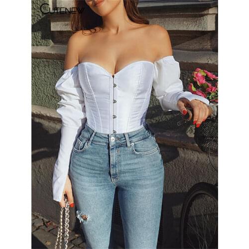 Cutenew French Romance Off Shoulder One Word Collar Women T-Shirt 2021 Spring New Elegant Long sleeve Strapless Lady Streetwear