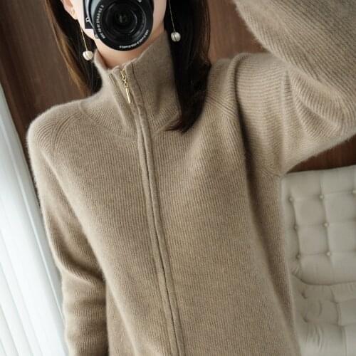 Womens 100% pure wool sweater turtleneck solid color knitted cardigan high-end high-quality cashmere sweater coat spring and fa