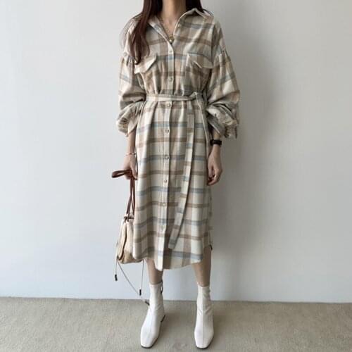 Johnature 2021 Autumn New Korean Plaid Women Irregular Loose Dresses Turn-down Collar Lantern Sleeve Bandage Female Dress