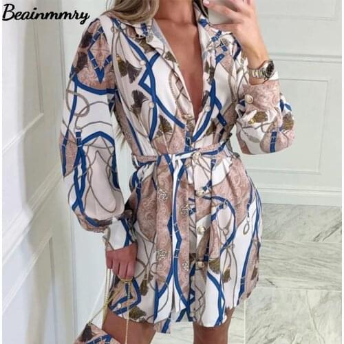 Women Print Long Sleeve Turn Down Collar Shirt Dress 2021 Spring And Autumn Elegant Female Single Breasted Lace Up Midi Dress
