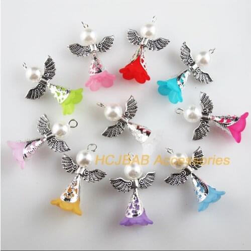 10 New Lovely Angel Charms Mixed Acrylic Tibetan Silver Wings Pendants 21.5x29mm