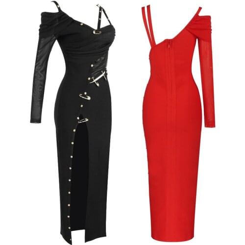 2021 New Black And Red Sexy Tight Mesh One Shoulder Long Sleeve Rayon Bandage Womans Dress Winter Fashion Evening Party Dress